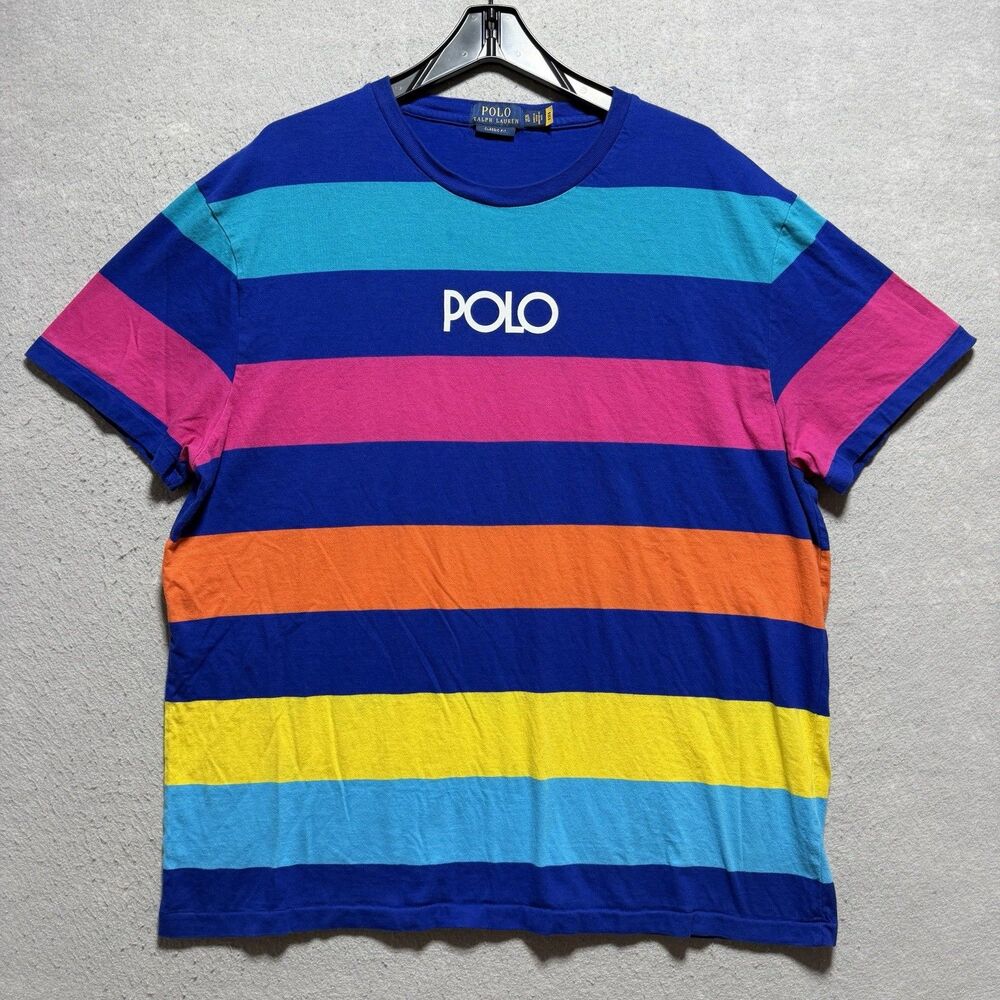 Polo Ralph Lauren Multicolor Stripe POLO Logo Tee Classic Fit Shirt SZ 2XL